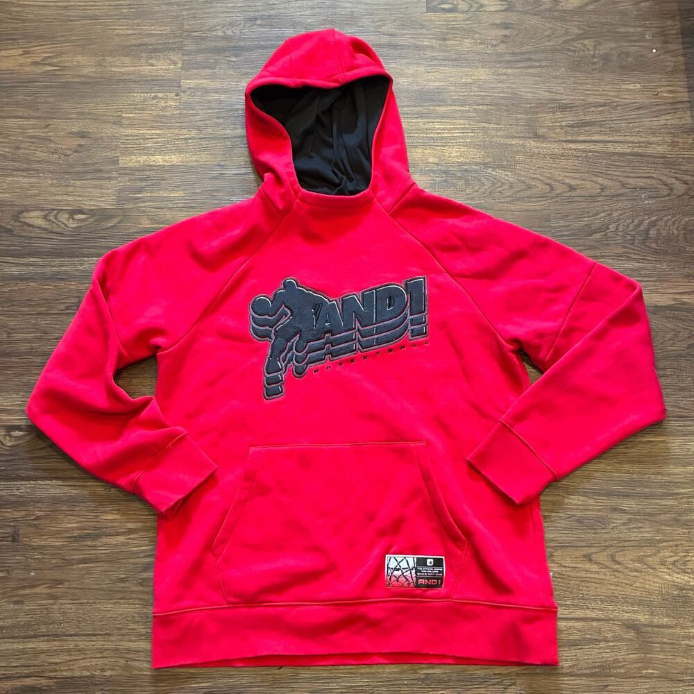 AND1 Basketball Hoodie Red Pullover Logo Sweatshirt Mens Large Streetwear